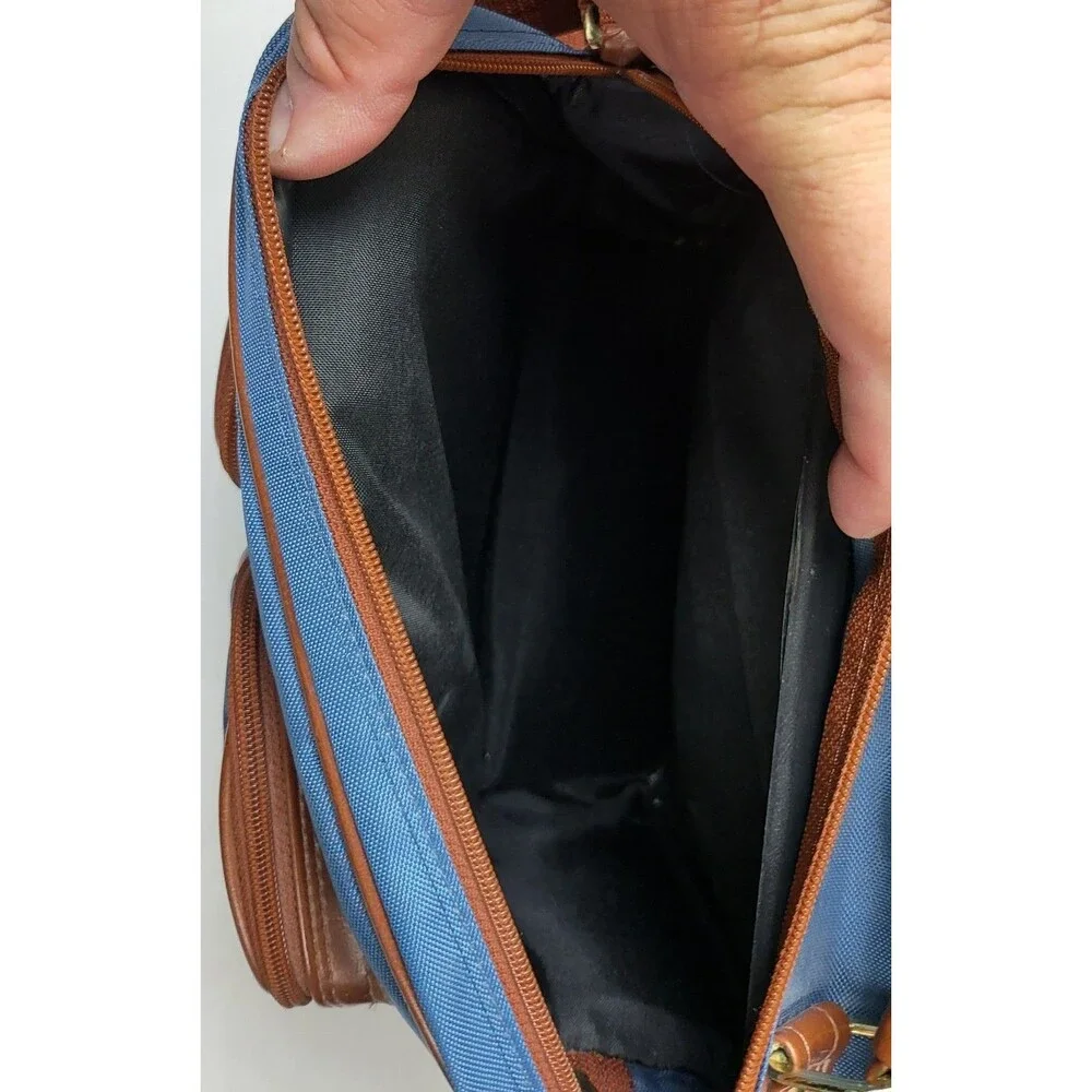 Vtg Albinar Leather/Canvas Camera Bag 4 Zip Pockets Shoulder Strap Blue/Brown